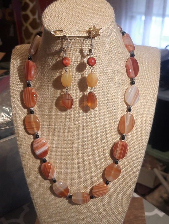 Jewelry - Handcrafted Orange Agate Necklace and Earrings Set